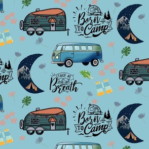 Born to Camp - Retro Campers on Blue (Large)