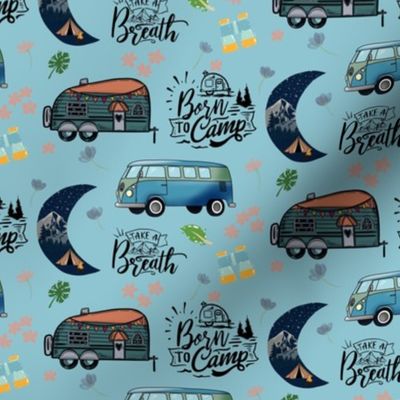 Born to Camp - Retro Campers on Blue (Small)