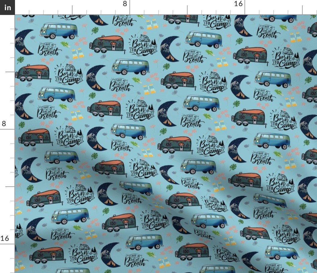 Born to Camp - Retro Campers on Blue (Small)