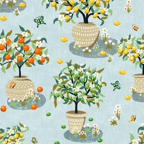 Citrus Trees Large Scale on Pale Blue Textured Background