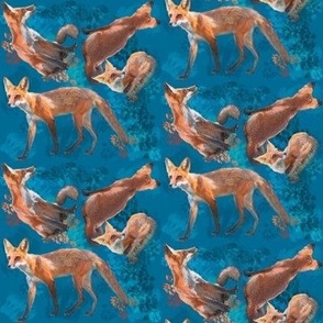 4x4-Inch Half-Drop Repeat of Multidirectional Young Foxes on Glorious Blue Background