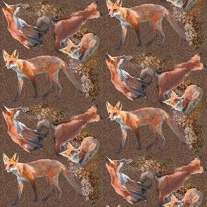 4x4-Inch Half-Drop Repeat of Multidirectional Young Foxes on Oak Brown Background