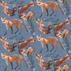 Small 4x4-Inch Repeat Size of Young Foxes on Slate Blue Background
