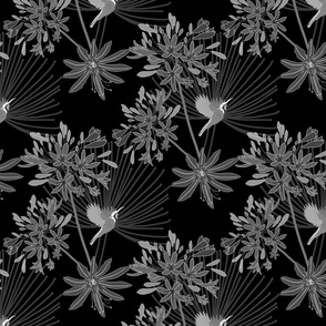 Agapanthus Chinoiserie Lace - greyscale on black, medium 