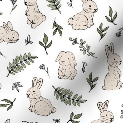 Hello spring garden sweet bunnies and leaves  kids nursery animals in sage green beige on white LARGE