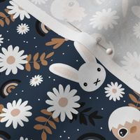 Sweet Easter garden spring bunnies and chicken flowers leaves and rainbows spots kawaii style for kids black rust cinnamon beige white on navy blue night Medium