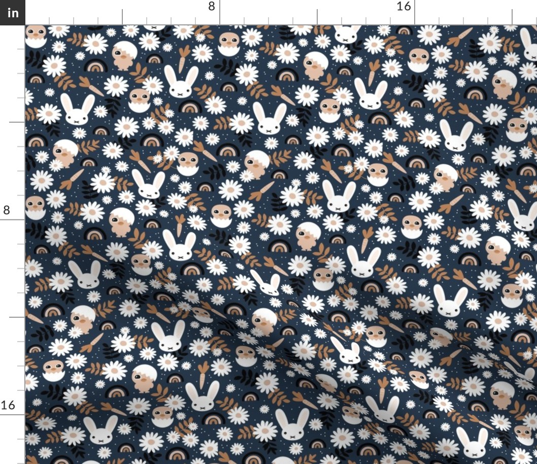 Sweet Easter garden spring bunnies and chicken flowers leaves and rainbows spots kawaii style for kids black rust cinnamon beige white on navy blue night Medium
