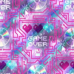 Game over circuit 8bit Y2K aesthetic in violet rainbow with mint and pink barbiecore cyberpunk Medium scale