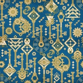 Keys in my pockets Art deco stylization of Steampunk Gold on Teal blue with Leather texture Small scale