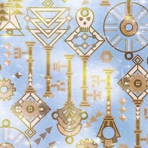 Keys in my pockets Art deco stylization of Steampunk Gold on Sky light blue Sparkles Large scale