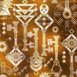 Keys in my pockets Art deco stylization of Steampunk Gold on Cognac brown Sparkles Large scale