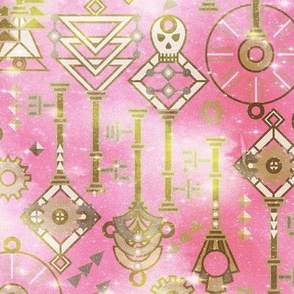 Keys in my pockets Art deco stylization of Steampunk Gold on Sweet pink Sparkles Large scale