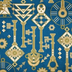 Keys in my pockets Art deco stylization of Steampunk Gold on Teal blue with Leather texture Large scale