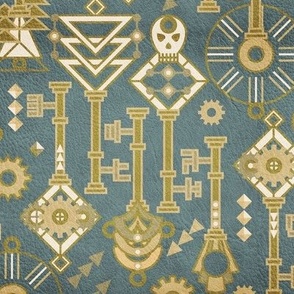 Keys in my pockets Art deco stylization of Steampunk Gold on Dusty green with Leather texture Large scale