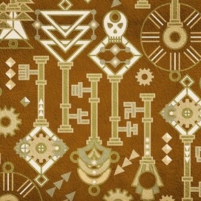 Keys in my pockets Art deco stylization of Steampunk Gold on Cognac brown with Leather texture Large scale