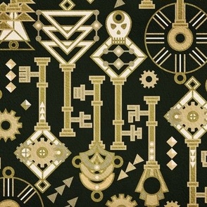 Keys in my pockets Art deco stylization of Steampunk Gold on Black with Leather texture Large scale