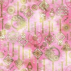 Keys in my pockets Art deco stylization of Steampunk Gold on Sweet pink Sparkles Small scale