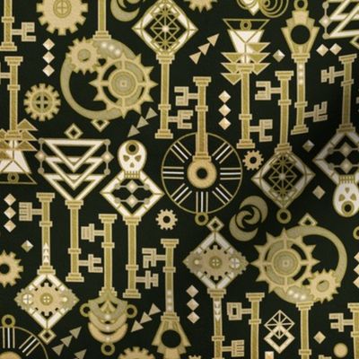 Keys in my pockets Art deco stylization of Steampunk Gold on Black with Leather texture Small scale