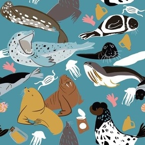 Seals and sea lions blue pattern