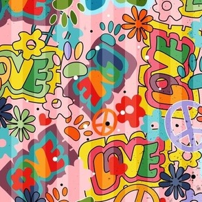 Groovy paw on striped pink, love peace hippie colorful pet paws flowers happy joy stripes and dots all this to show the love to our little friends