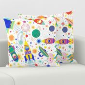 Space Adventure Large- Multicolored on White Background- Intergalactic Cats Extra Large- Rainbow Space Cat- VintagePets- 80s Retro- Ditsy- Multidirectional- Outer Space Ufo Arcade Games Wallpaper- Home Decor-