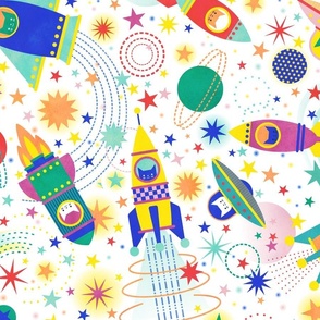 Space Adventure Large- Multicolored on White Background- Intergalactic Cats Extra Large- Rainbow Space Cat- VintagePets- 80s Retro- Ditsy- Multidirectional- Outer Space Ufo Arcade Games Wallpaper- Home Decor-