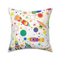 Space Adventure Medium- Multicolored on White Background- Intergalactic Cats Extra Large- Rainbow Space Cat- VintagePets- 80s Retro- Ditsy- Multidirectional- Outer Space Ufo Arcade Games Wallpaper- Home Decor-