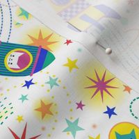 Space Adventure Small- Multicolored on White Background- Intergalactic Cats- Rainbow Space Cat- VintagePets- 80s Retro- Ditsy- Multidirectional- Outer Space Ufo Arcade Games Wallpaper- Kidcore- Kids