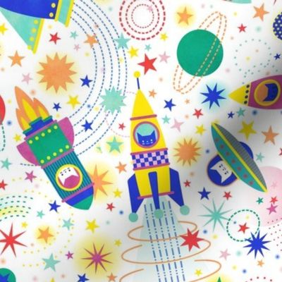 Space Adventure Small- Multicolored on White Background- Intergalactic Cats- Rainbow Space Cat- VintagePets- 80s Retro- Ditsy- Multidirectional- Outer Space Ufo Arcade Games Wallpaper- Kidcore- Kids