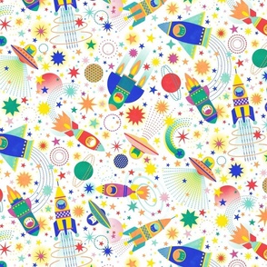 Space Adventure Small- Multicolored on White Background- Intergalactic Cats- Rainbow Space Cat- VintagePets- 80s Retro- Ditsy- Multidirectional- Outer Space Ufo Arcade Games Wallpaper- Kidcore- Kids