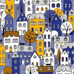 handdrawn houses - navy-brown-yellow