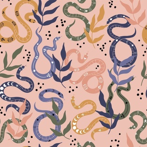 Seamless pattern with hand-drawn snakes and flowers. 