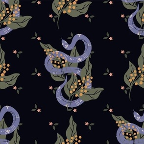Seamless pattern with purple snakes and flowers.