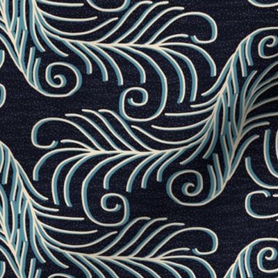 Art Nouveau Feathers in Cream and Slate Blue on Black