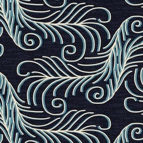 Art Nouveau Feathers in Cream and Slate Blue on Black