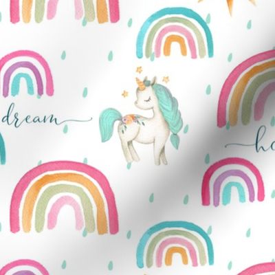 12" Watercolor Rainbows and Unicorns (pink gold green teal) with Hope Dream Believe Dream words. 12” repeat