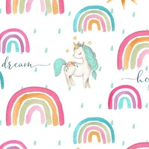 12" Watercolor Rainbows and Unicorns (pink gold green teal) with Hope Dream Believe Dream words. 12” repeat