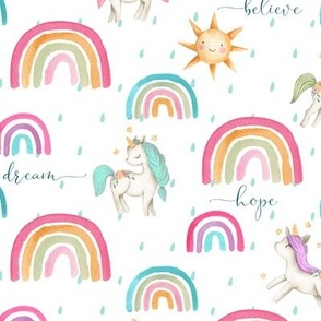 9.6" Watercolor Rainbows and Unicorns (pink gold green teal) with Hope Dream Believe Dream words. 9.6” repeat