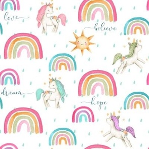 8" Watercolor Rainbows and Unicorns (pink gold green teal) with Hope Dream Believe Dream words. 8” repeat