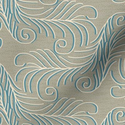 Art Nouveau Feathers in Cream and Slate Blue on Gray