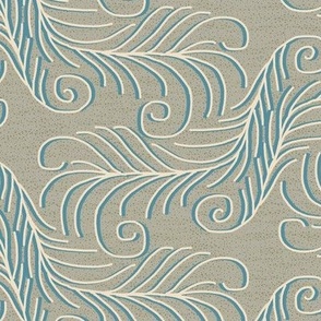 Art Nouveau Feathers in Cream and Slate Blue on Gray