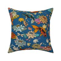 water lilies and a few koi - large print, blue linen background