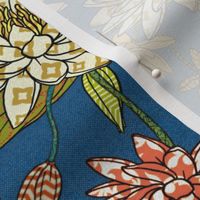 water lilies and a few koi - large print, blue linen background