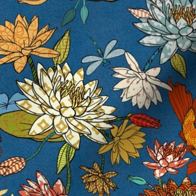 water lilies and a few koi - large print, blue linen background