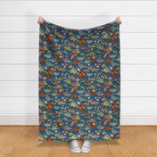 water lilies and a few koi - large print, blue linen background