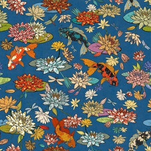 water lilies and a few koi - large print, blue linen background