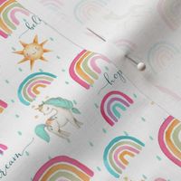 TINY Watercolor Rainbows and Unicorns (pink gold green teal) with Hope Dream Believe Dream words, 4.7" repeat
