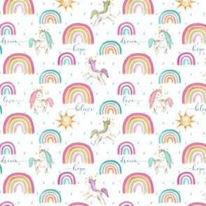 TINY Watercolor Rainbows and Unicorns (pink gold green teal) with Hope Dream Believe Dream words, 4.7" repeat
