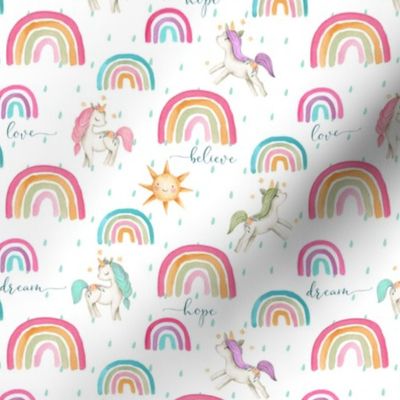 6" Watercolor Rainbows and Unicorns (pink gold green teal) with Hope Dream Believe Dream words. 6” repeat