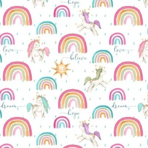 6" Watercolor Rainbows and Unicorns (pink gold green teal) with Hope Dream Believe Dream words. 6” repeat